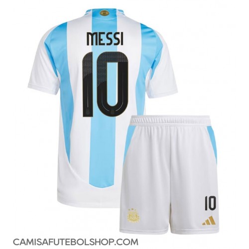 Camisa de time de futebol Argentina Lionel Messi #10 Replicas 1º Equipamento Infantil Copa America 2024 Manga Curta (+ Calças curtas)